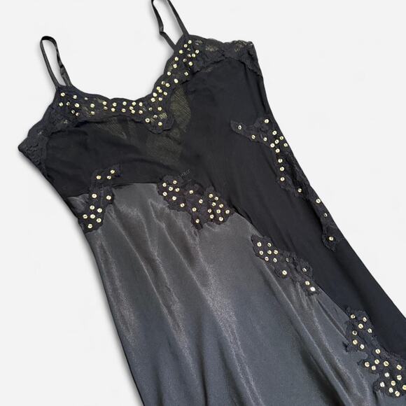 Ashro Black Satin & Sheer Mesh Gold Sequin Asymmetrical Maxi Lingerie Slip Dress - Picture 6 of 7